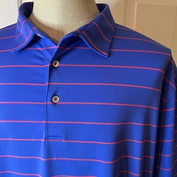 Peter Millar Summer Comfort Blue Pink Stripe Polo Shirt Fox Golf Logo LARGE Tall - Picture 2 of 3